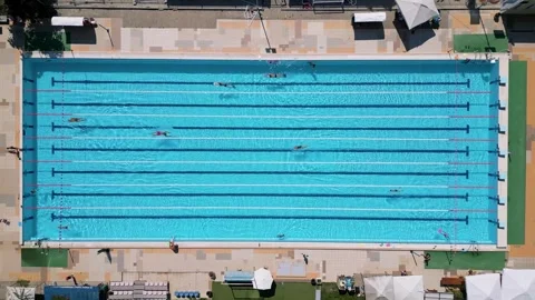 Aerial Top-Down View of Outdoor Olympic Swimming Pool with Lanes, Burgas Video stock 343429658