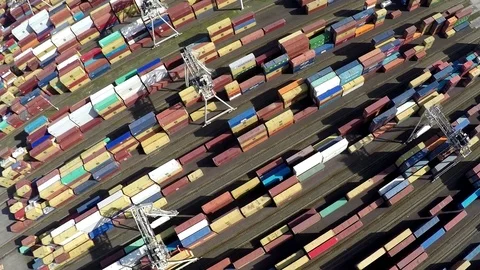 Aerial top down view over container terminal showing many intermodal containers Stock Footage 73567507