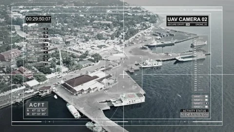 Aerial top down view over of small industry commercial port in Philippines Video stock 96363013