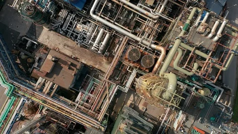 Aerial top down view over oil refinery or chemical factory. Stock Footage 120477009