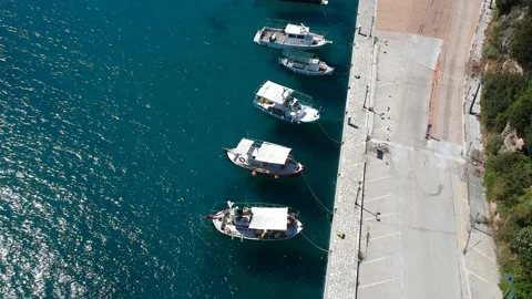 Aerial top down view over fishong boats in Patitiri, in Alonissos island, Spo 스톡 동영상 166020114