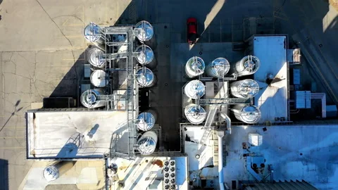 Aerial top down view over oil refinery or chemical factory and power plant Stock Footage 194625628