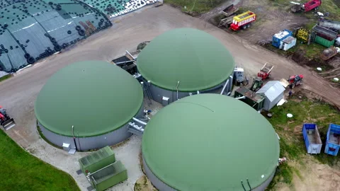 Aerial top down view over biogas production plant. Obtaining biogas, biomethane. Stock Footage 219729698