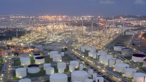 Aerial top down view over oil refinery or chemical factory and power plant wi Stock Footage 256669948