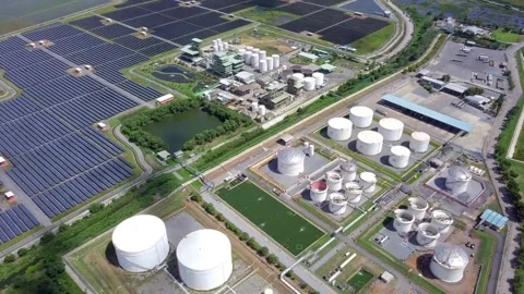Aerial top down view over oil refinery or chemical factory and power plant wi Stock Footage 256670025