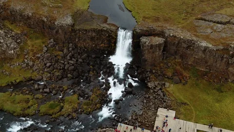 Aerial top down view of Oxararfoss waterfall in Iceland Stock Footage 115711181