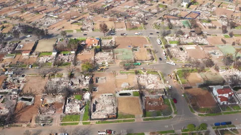 Aerial top down view of Pacific Palisades homes in California after the fire Stock Footage 308180782