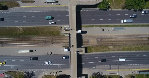 Aerial Top Down View Of Pedestrian Bridge And Running Traffic Stock Footage 91200405