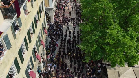 Aerial Top Down View of Philharmonic Band and Huge Crowds on Easter in Corfu Stock Footage 333819705