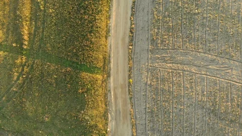 Aerial top-down view of the plowed field during sunset 스톡 동영상 108415117