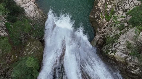 Aerial Top-Down View of Polylimnio Waterfall in Messinia, Greece after heavy rai Stock-Footage 303188353