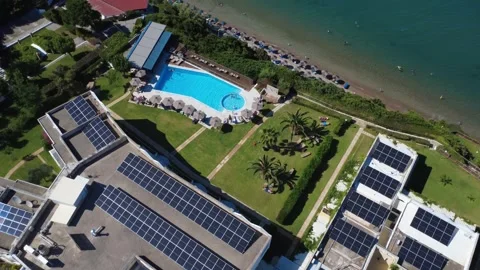 Aerial top down view of premium eco resorts with solar panels in Greece Stock Footage 343939752