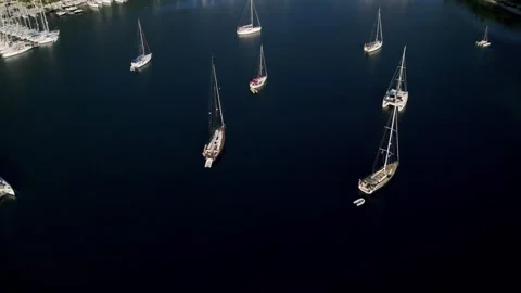 Aerial top down view of rich yacht sailing sea. Summer journey on luxury ship. Stock Footage 284712489