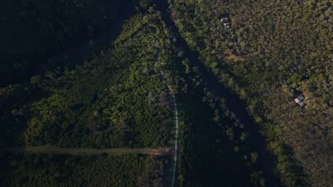 Aerial top down view of river and forest road Stockbeeldmateriaal 334845918