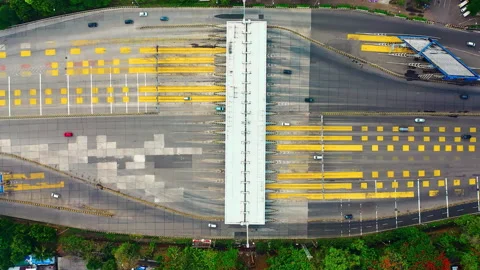 Aerial top-down view of a road toll station on the high way Stock Footage 145567359