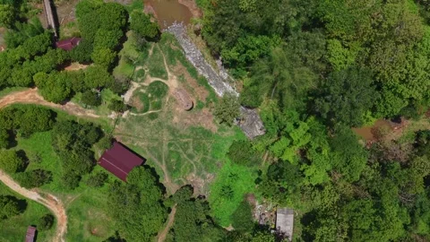 Aerial top down view of a road intersection near dense banana plantation Stock Footage 335008407