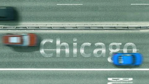 Aerial top-down view of the road. Cars reveal Chicago text. Travel to the United Stock Illustration