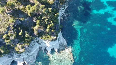 Aerial top down view of the rocky coast at Milia beach in Alonnisos island, G Stock Footage 201819395