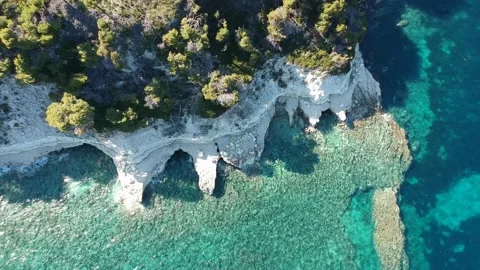 Aerial top down view of the rocky coast at Milia beach in Alonnisos island, G Stock Footage 201819753
