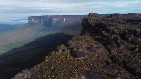 Aerial top down view of Roraima and Kukenan Tepui summit under sunlight Stock Footage 240730205