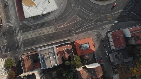 Aerial top down view on roundabout city traffic, top view Stock Footage 120124265