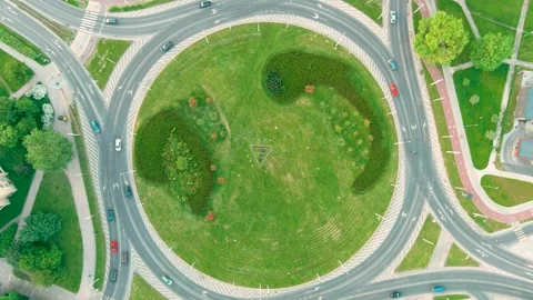 Aerial top-down view of a roundabout or traffic circle. Vilnius, Lithuania, Stockbeeldmateriaal 283586032