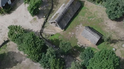 Aerial Top-Down View of Running Animals in Biskupin Settlement Stock Footage 325818762