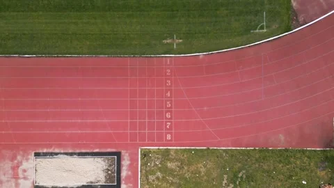 Aerial Top Down View of Running Track Start Line at Stadium Stock-Footage 331304051