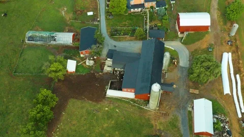 Aerial Top Down View of Rural Farm House in PA with Barn, Silos, Corn Fields Vídeo Stock 116011955