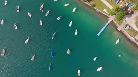 Aerial Top Down View of Sailboats at Lake Achensee Austria Stock Footage 340487533