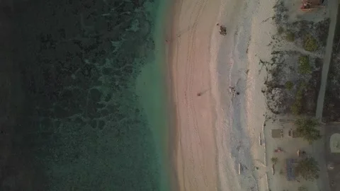 Aerial Top-Down View of Sandy Beach and Coral Shoreline at Sunset Stock Footage 344864151