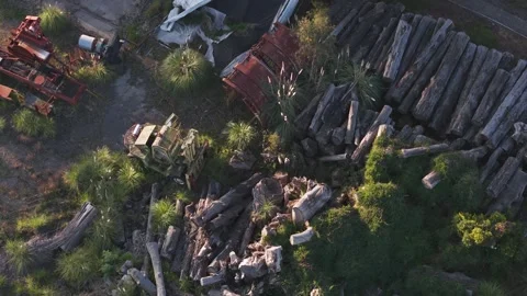 Aerial top down view of a sawmill junk yard 動画素材 346374887