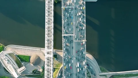Aerial top down view shot of traffic jam on a car bridge in the evening rush Video stock 76039991