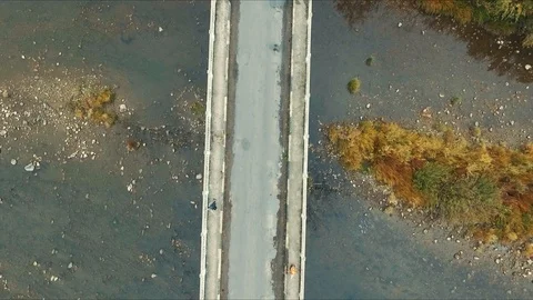 Aerial top down view shot of bridge with car and people. Autumn, Transcarpathian 스톡 동영상 85811248