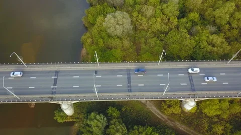 Aerial top down view shot of traffic on car bridge Stock Footage 98852969