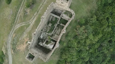 Aerial top down view The Skhvilo fortress or Skhvilo castle. Medieval fortr.. Stock Footage 280063430