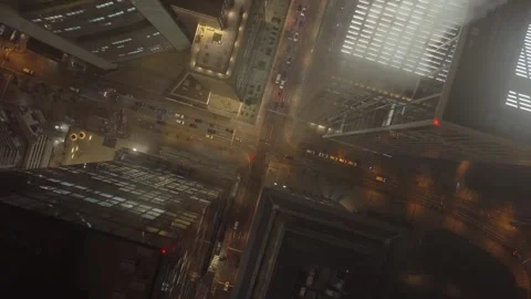 Aerial top down view of skyscrapers in Frankfurt financial district at night Stock Footage 323434328