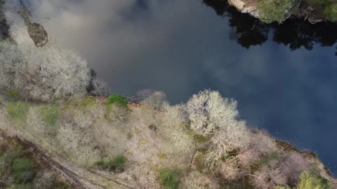 Aerial top-down view slowly over a calm Norwegian lake with calm water the sky a Video stock 335198951