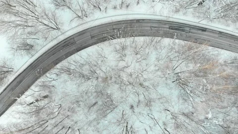 Aerial top-down view of snow covered pine forest and a road winding among trees Stockbeeldmateriaal 282454415