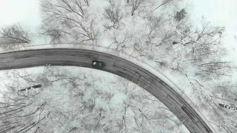 Aerial top-down view of snow covered pine forest and a road winding among trees 스톡 동영상 283219314