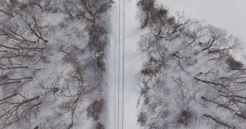 Aerial Top-Down View of a Snow-Covered Railroad Bridge in Winte Stock Footage 301581351