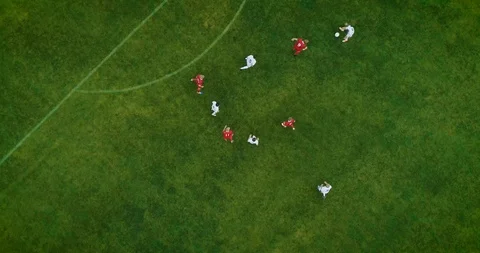 Aerial Top Down View of Soccer Field and Two Professional Teams Playing. Stock Footage 98415074
