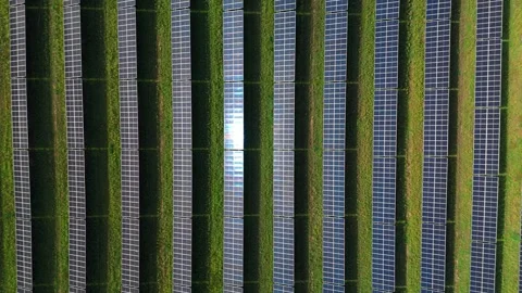 Aerial top down view of solar panel array farm with sun reflection Stock Footage 337153959