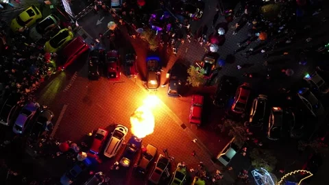 Aerial top down view spit fire of during car show in night Stock Footage 231128408