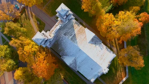 Aerial top-down view of St. John the Baptist's Church in Birzai, Lithuania. 스톡 동영상 202191335