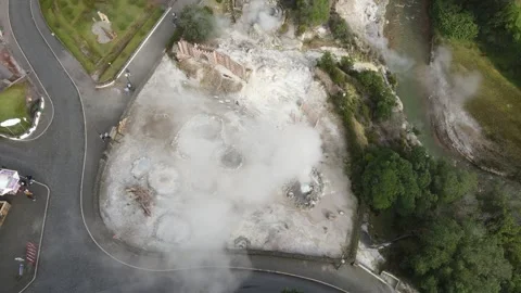 Aerial top-down view of steaming geysers in Furnas, Azores, 4K 60fps. Stock Footage 333366333