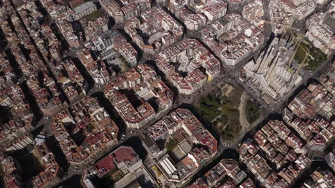 Aerial Top Down View Of Street Grid and Sagrada Familia in Barcelona Spain Stock Footage 237150387