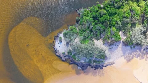 Aerial top-down view of Sunshine Coast riverbank meeting sandy beach and bu.. Video stock 333441805