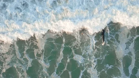 Aerial: Top down view of Surfers battling the waves in the shallows Stock-Footage 194899891