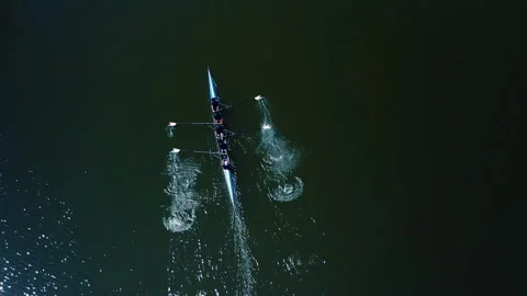 Aerial top down view of team rowing a boat in unison Stock Footage 331685715